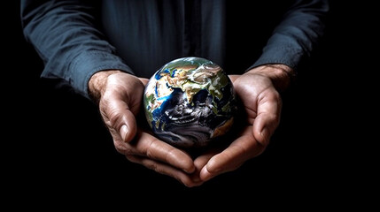 Hands holding planet earth, creator of the worlds, worlds creation, alternative reality or ecological concept.  Ai illustration, Generative AI, artificial intelligence artwork