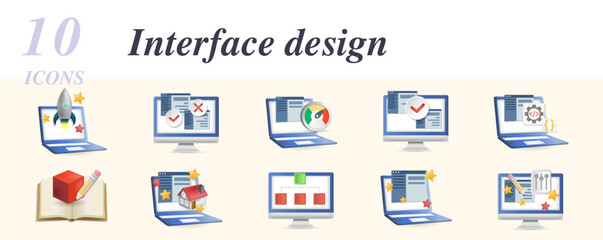 Interface design set. Creative icons: project launch, cross browsing, websitw testng, validation, coding, create prototype, homepage artwork, sitemap, website content, tune design.