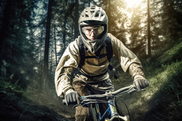 Fototapeta premium Cyclist on mountain bike riding down a hill, closeup. Generative AI