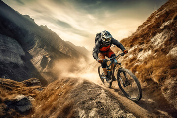 Naklejka premium Cyclist on mountain bike riding down a hill. Generative AI