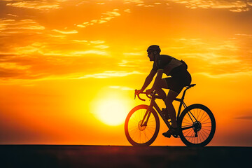 Obraz na płótnie Canvas Cyclist on mountain bike riding silhouette in red sunset light. Cyclist in motion. Young sport man rides along countryside road. Generative AI