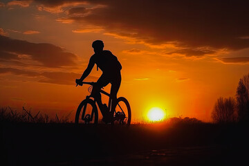Obraz premium Cyclist on mountain bike riding silhouette in red sunset light. Cyclist in motion. Young sport man rides along countryside road. Generative AI
