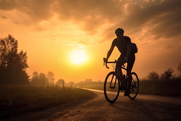 Obraz premium Cyclist on mountain bike riding silhouette in red sunset light. Cyclist in motion. Young sport man rides along countryside road. Generative AI