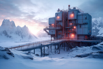 Antarctica research station concept, building, cold, winter, arctic. Generative AI