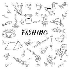 A set of hand drawn elements with inscription on the theme fishing on a white background. Lettering,  sketch, cartoon style. Design for posters, card.