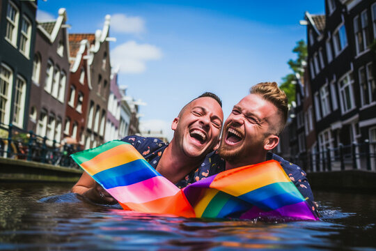 Happy Generative AI Couple Swimming in a Canal at LGBTQ+ Gay Pride Parade in Amsterdam. Love in the LGBTQ+ Community. Amsterdam Pride Month Celebration