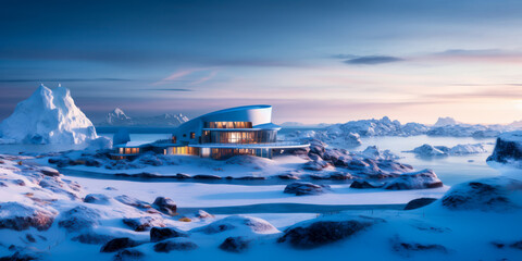 Antarctica research station concept, building, cold, winter, arctic. Generative AI