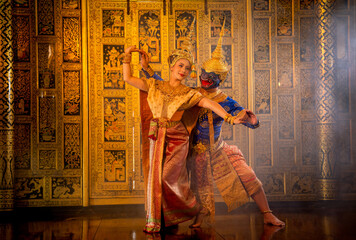 Pantomime (Khon) or traditional Thai classic masked play enacting scenes from the Ramakien...