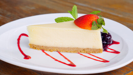 A portion of vanilla cheese cake with fresh strawberry sauce is served on a white plate. Delicious and creamy dessert. A piece of tasty cheesecake with a biscuit base and strawberry jam