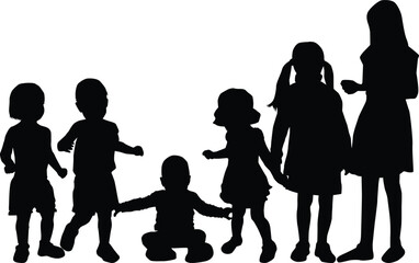 Group of dancing children, black silhouettes.	