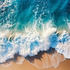 Ocean waves on the beach, Aerial top down view of beach and sea with blue water waves, hyper realism, super details
