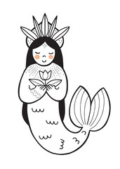 Hand drawn cute folk mermaid holding a flower, line doodle design isolated vector illustration with white background