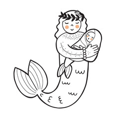 Hand drawn cute folk mermaid with floral head wreath holding a baby, line doodle design isolated vector illustration with white background