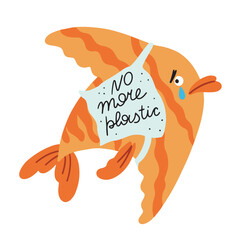 Hand drawn sad and crying fish that got stuck in a plastic bag, concept of environmental problems and plastic in the water, isolated vector illustration