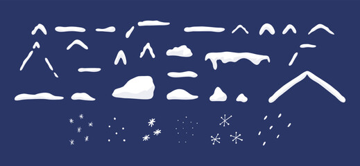 Set of snow piles, snow caps and snowflakes - cartoon flat vector illustration isolated on blue background. Collection of hand drawn snowfall winter elements. - obrazy, fototapety, plakaty