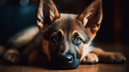 super close-up shot of a German Shepherd cute puppy lying down on the floor created with generative AI tools