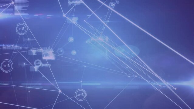 Animation of network of connections and data processing against light spot on blue background