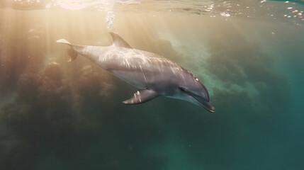 underwater photo of a dolphin while swimming created with generative AI 