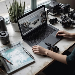 Photographer working on a computer, video editing, photoshop, equipment, created with generative AI