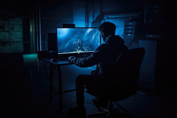 A Man In A Dark Room Behind A Bright Blue Computer Screen With A Crooked Back Created With The Help Of Artificial Intelligence