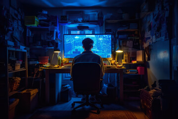 Fototapeta na wymiar A Man In A Dark Room Behind A Bright Blue Computer Screen With A Crooked Back Created With The Help Of Artificial Intelligence