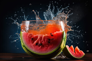 A ripe and juicy slice of watermelon, with splashes and drops. Beautiful splashes of watermelon juice isolated on a dark black background. Generative AI professional photo imitation