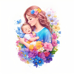 Detailed illustration of mother holding baby. Generate Ai.