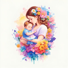 Detailed illustration of mother holding baby. Generate Ai.