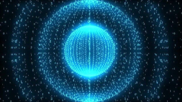 The ball in the center of the signs of a digital binary code from which circles of a larger diameter depart is approaching. The numbers are neon blue on a black background. Cg