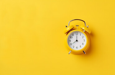 Simply minimal design ringing twin bell vintage yellow classic alarm clock Isolated on yellow pastel background with empty space