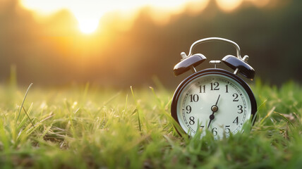 Black color alarm clock on green grass. Place for text. Time, circadian rhythm, early rise concept.