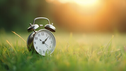 Morning Awakening: Ringing Bell Clock on the Grass, Welcoming a New Day
