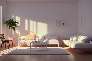 White minimalist living room interior with sofa on wooden floor, white landscape in window. neon light interior. - generative ai
