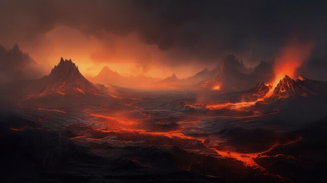 Desolate Volcanic Wasteland, Fantasy Background, Concept Art, Digital Illustration, Generative AI