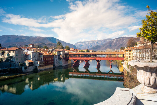 Bassano del Grappa, Italy - Panorama of the Ponte degli Alpini over the Brenta river in a sunny day