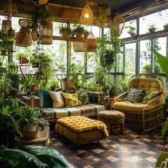 Enchanted Oasis: AI-Generated Urban Indoor Greenhouses with Boho Bliss