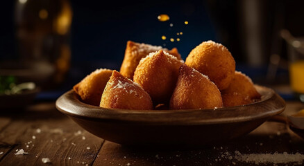 Coxinha, traditional Brazilian snack, breaded and fried with chicken. Closeup.