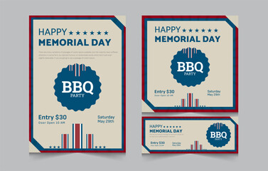 Set of banner for memorial day bbq party invitation, memorial day barbeque invitation, flyer and facebook cover vector illustration eps 10