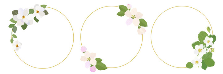 Set of three round golden frames with spring flowers. Vector illustration. Wedding frame with flowers.