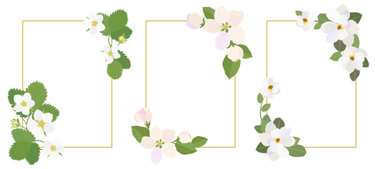 Set of three rectangle golden frames with spring flowers. Vector illustration. Wedding frame with flowers.