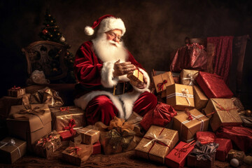 Fototapeta na wymiar Santa Claus is packing Christmas gifts sitting in his house near the Christmas tree. Christmas card. Congratulations on holidays. Generated AI 