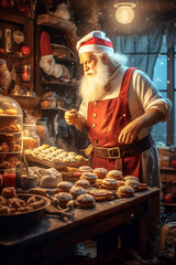 Santa Claus bakes Christmas cookies in his magical kitchen. Generated AI