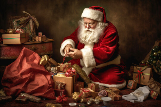 Santa Claus is packing Christmas gifts sitting in his house near the Christmas tree. Christmas card. Congratulations on holidays. Generated AI 