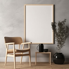 Interior of a room with blank frame to use as a mockup for art work created with generative AI tools