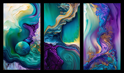 abstract art wallpaper for triptych wall frame design, colorful translucent metallic swirls, alcohol ink technique painting, wavy fantasy illustration, generative ai