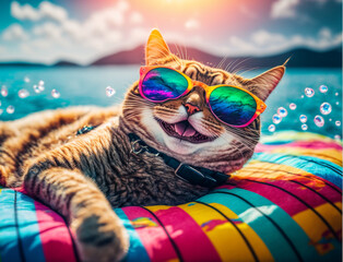 Happy smiling cat in sunglasses on an inflatable mattress at sea, summer vacation, generated ai