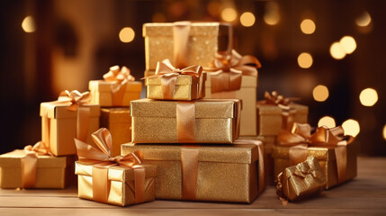 Gift boxes in gold packaging on a background of lights. Holiday, give, Christmas, birthday, New Year, mother's day. Heap of golden gift or present boxes on wooden table. Generative AI