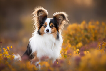Beautiful Papillon dog outdoors against autumn forest background.