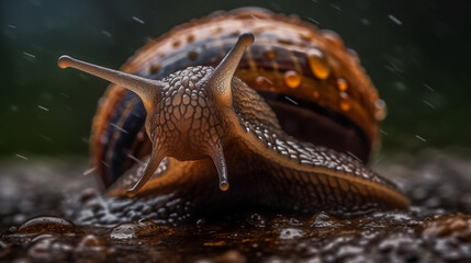 Macro photo of a snail after the rain created with generative AI tools