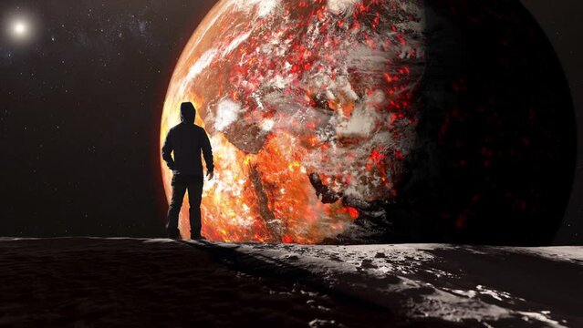 man survivor of climate catastrophe looking at dry burning earth from moon surface